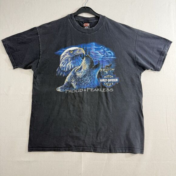 Vintage 1997 Harley Davidson Eagle Wolf Miami Florida T-Shirt Black Size X-Large - Picture 1 of 11